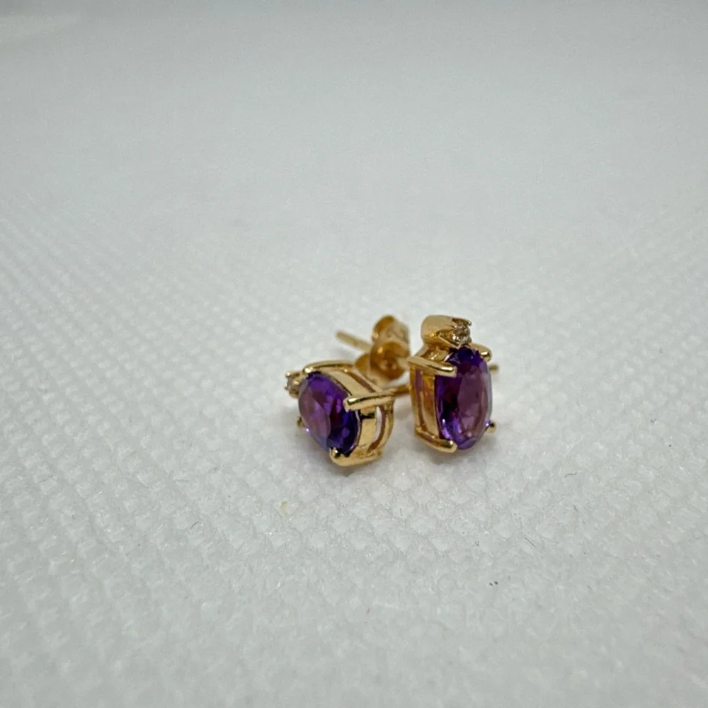 Beautiful 14k Yellow Gold Oval Amethyst and Diamond Stud Post Earrings - Picture 6 of 10